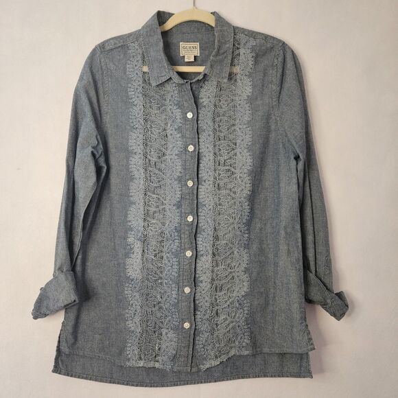 GUESS Chambray Denim Long Sleeve Buttom Down Sz M Shirt Women Sheer Panel - Picture 1 of 6